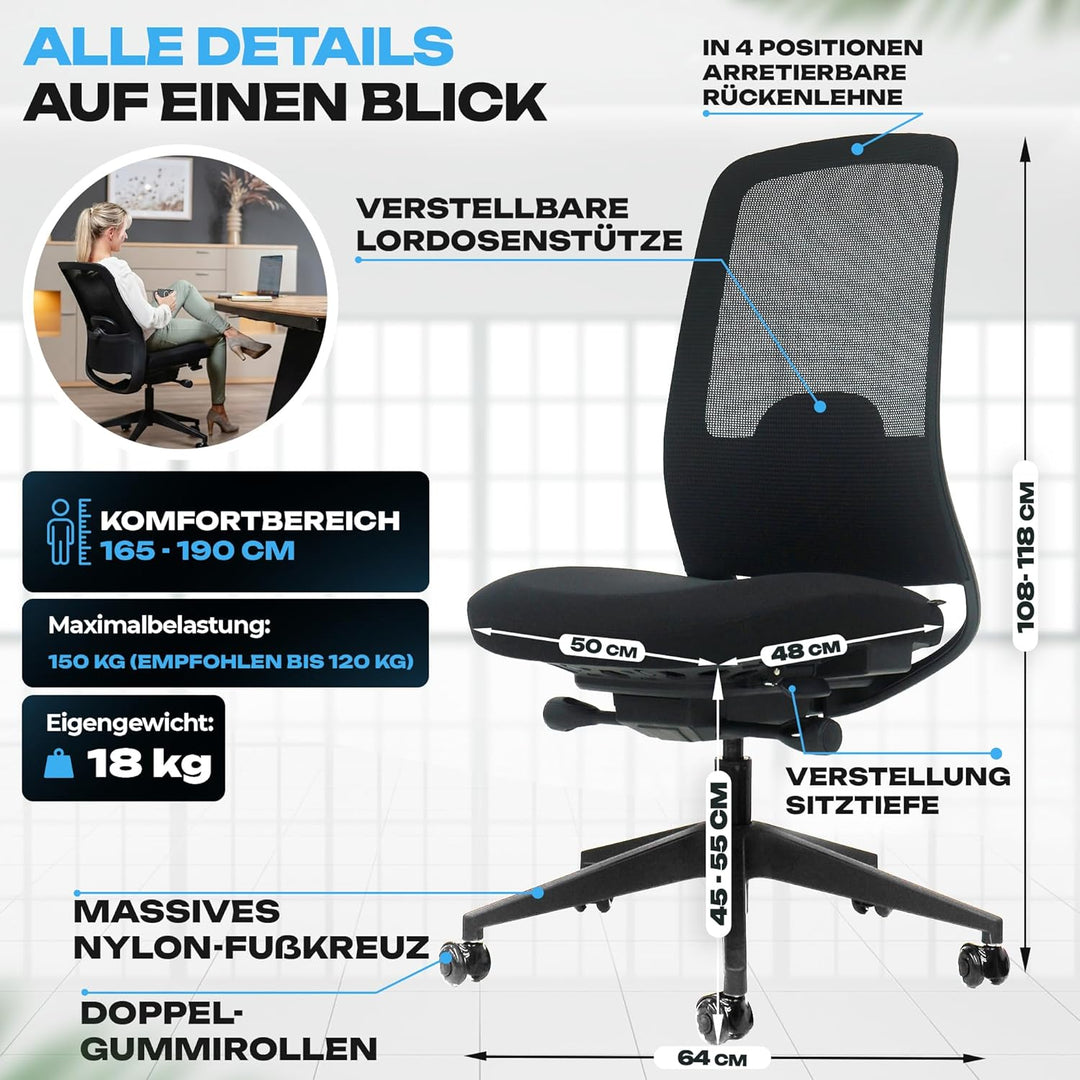 VALKENSTOL M4 Bürostuhl Ergonomisch Testsieger, Einstellbarer für maximale Bewegungsfreiheit, Rücken