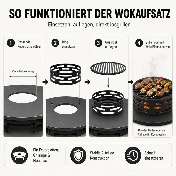 Oleio BBQ Design Schwarzer Wokaufsatz für Feuerplatte | Grillring | Plancha | Grillplatte Wokkrone K