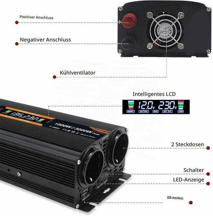 Spannungswandler 12V 230V 1500W 3000 Watt Wechselrichter LCD | stromumwandler mit 2 Steckdose
