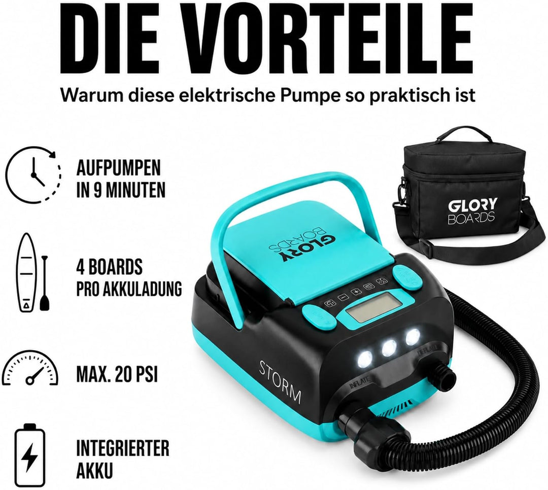 GLORY BOARDS® - SUP Pumpe Akku | elektrische Pumpe SUP | 20 PSI Hochdruck | elektrische Luftpumpe mi