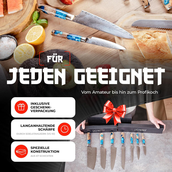Tsume Profi Set Saphir, Messerset mit 7 Premium Küchenmessern, Echte Damast Küchenmesser, 67 Schicht