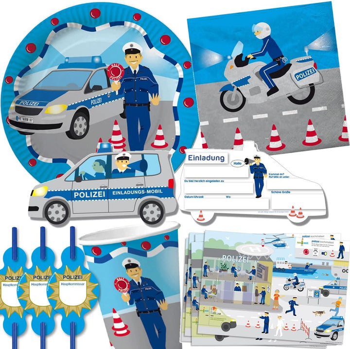 90-TLG Polizei Party Set für Kindergeburtstag mit 6-8 Kinder: Teller, Becher, Servietten, Einladunge