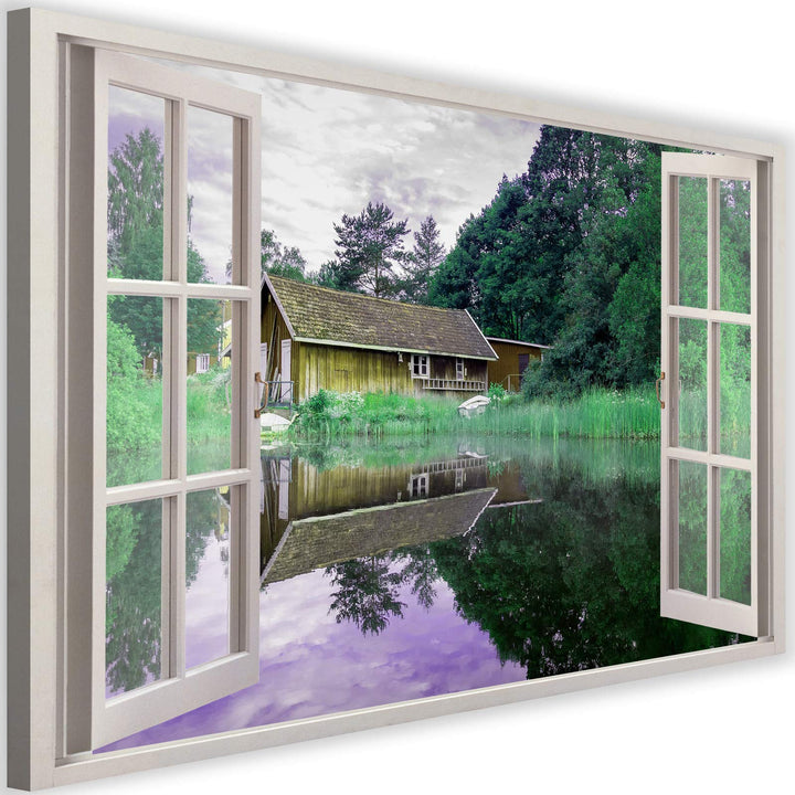 Feeby Leinwand Bilder - Fensterblick Lakeside House - Vlies 45x30 cm - Deko Wohnzimmer - Wandbilder