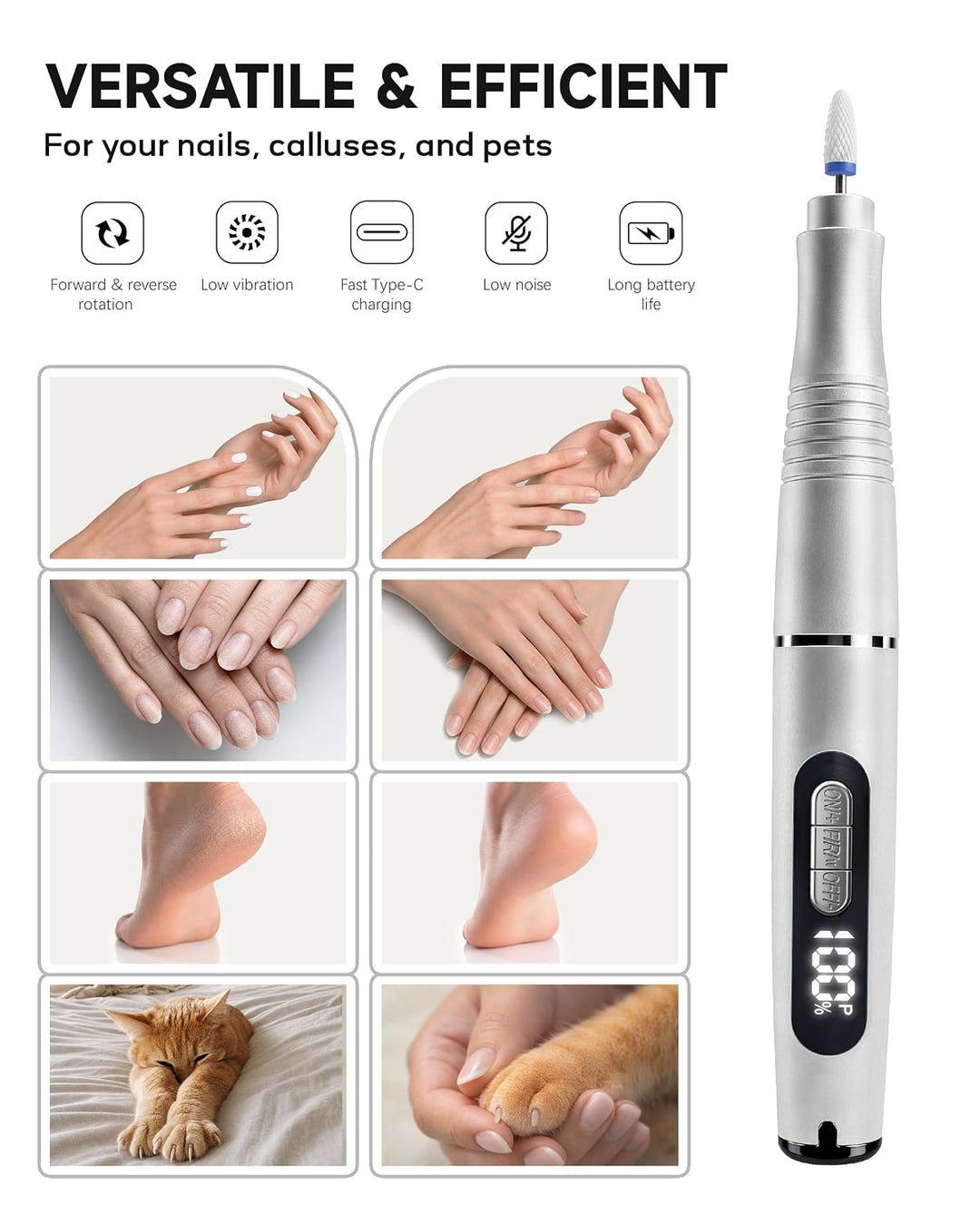 ND02 Wireless Electric Nail Cutter, 6 Speed Electric Nail File with 12 Drill Bits, Manicure Pedicure