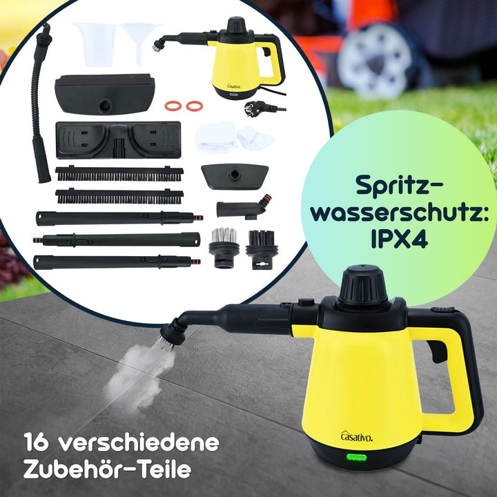 Premium Dampfreiniger, mobil, 3,5 bar Druck, 16 Zubehörteile-Aufsätze, kraftvolle 1.200W, gegen Fett