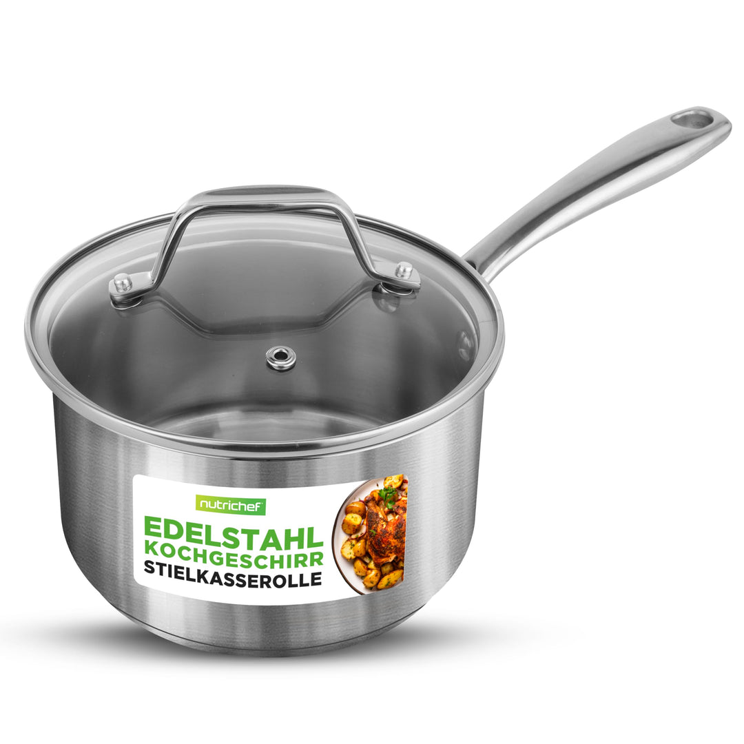 NutriChef Stielkasserolle, 16cm/2L, Antihaftbeschichtet mit Glasdeckel, für Induktion, Alle Herdarte