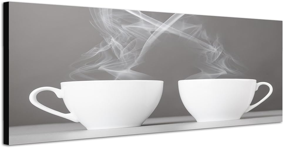 Panoramabild auf Leinwand und Keilrahmen 150x50cm Tassen Dampf Herz Kaffee Liebe