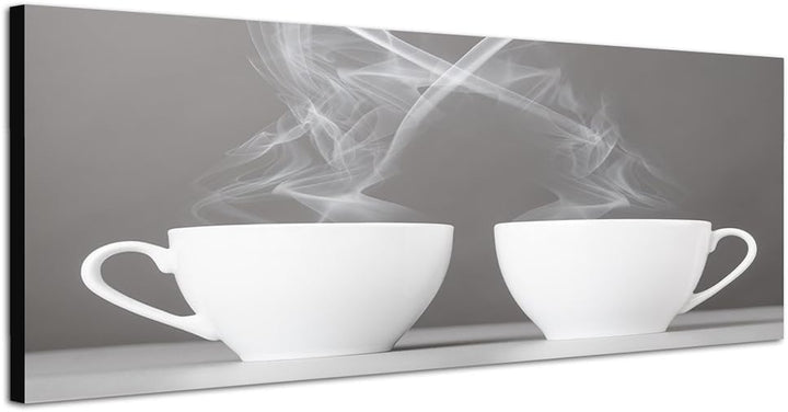 Panoramabild auf Leinwand und Keilrahmen 150x50cm Tassen Dampf Herz Kaffee Liebe