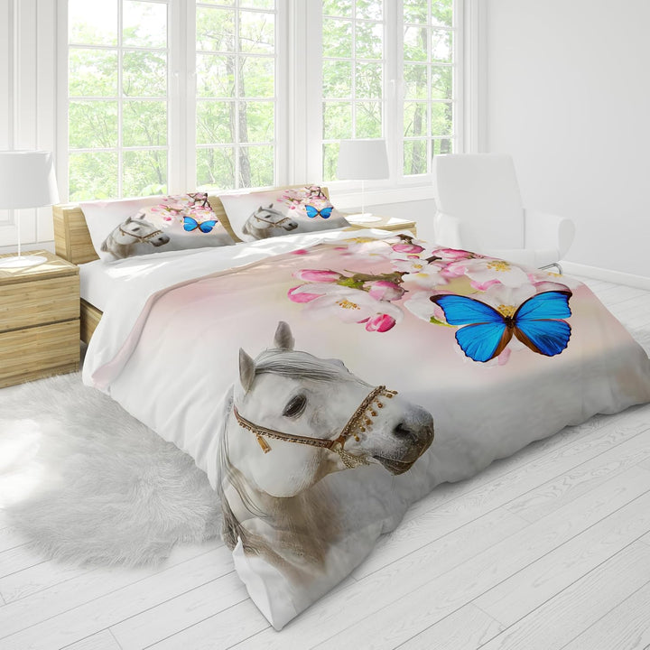 Pferde Bettwäsche Set 135x200 cm, Kinderbettwäsche, Pferde Motiv 3D Tier Motiv, Mikrofaser, Sehr Wei