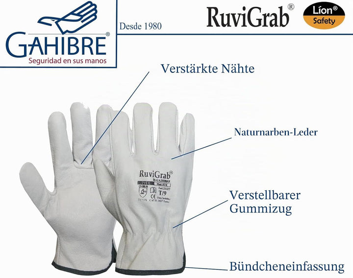 Ruvigrab - Packung mit 12 Arbeitshandschuhen aus natürlichem Blumenleder | Gartenhandschuhe | Lederh