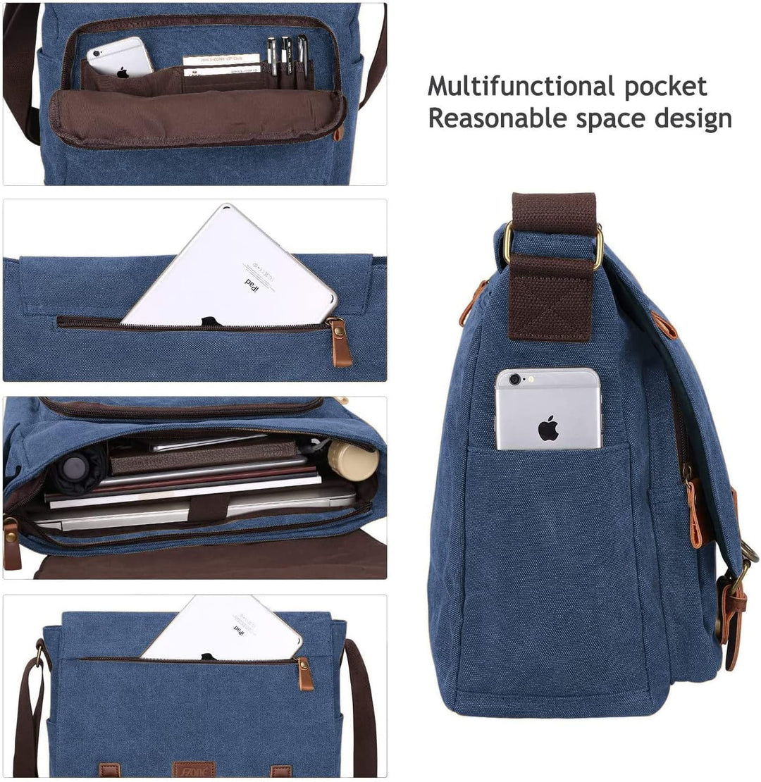 S-ZONE Herren Umhängetasche 15,6 Inch Grosse Vintage Canvas Messenger Bag Aktenktasche Schultertasch