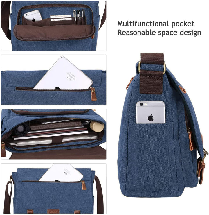 S-ZONE Herren Umhängetasche 15,6 Inch Grosse Vintage Canvas Messenger Bag Aktenktasche Schultertasch
