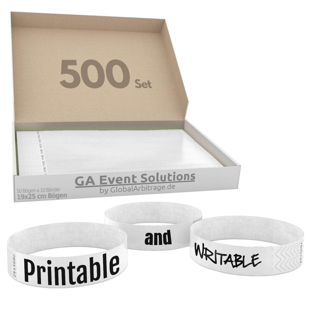 500 Eintrittsbänder aus Tyvek zum selbst gestalten und bedrucken in Weiss von GA Event Solutions - P
