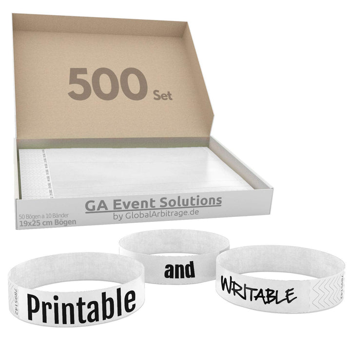 500 Eintrittsbänder aus Tyvek zum selbst gestalten und bedrucken in Weiss von GA Event Solutions - P