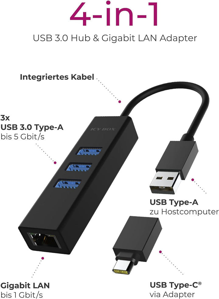ICY BOX IB-HUB1419-LAN Aluminium USB HUB mit 3 USB 3.0 Ports und RJ45 Gigabit Ethernet Netzwerkadapt
