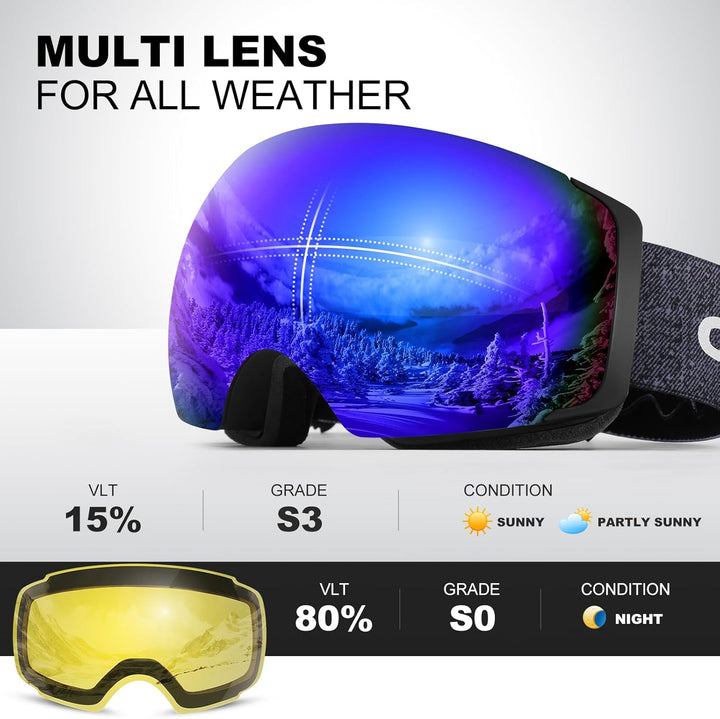 Odoland Skibrille Unisex für Damen und Herren Jungen Rahmenlose Snowboardbrille mit Magnetische Wech