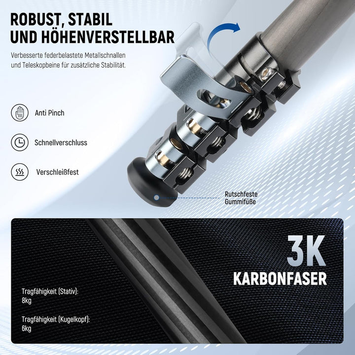 NEEWER 60,4" Reisestativ aus Carbonfaser mit abnehmbarem 360° Kugelkopf, leichtes Videokamera Stativ