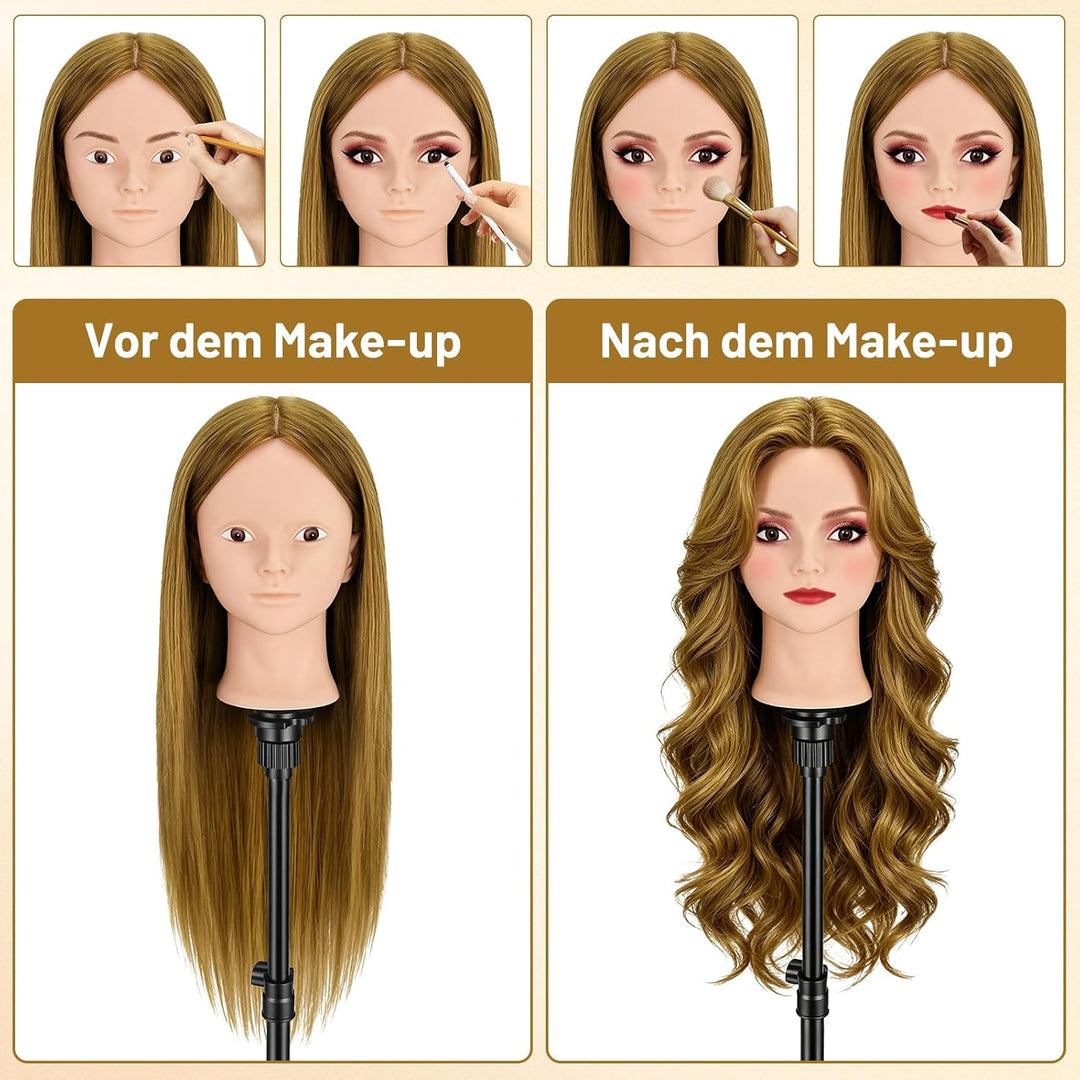TwoWin Friseurkopf mit Haaren, 26 Zoll (66 cm) 80% Echthaar Mannequin Kopf, Make-up Übungskopf, Trai
