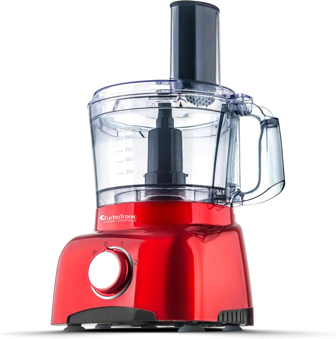 TurboTronic Food Processor 1,2L schwarz, rot, Küchenmaschine mit Mixaufsatz, Raspelscheiben,