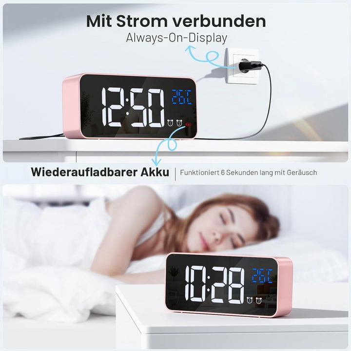 Wecker Digital, LED Digitaluhr mit Temperaturanzeige Tragbarer Spiegelalarm Tischuhr mit 2 Alarmen 1