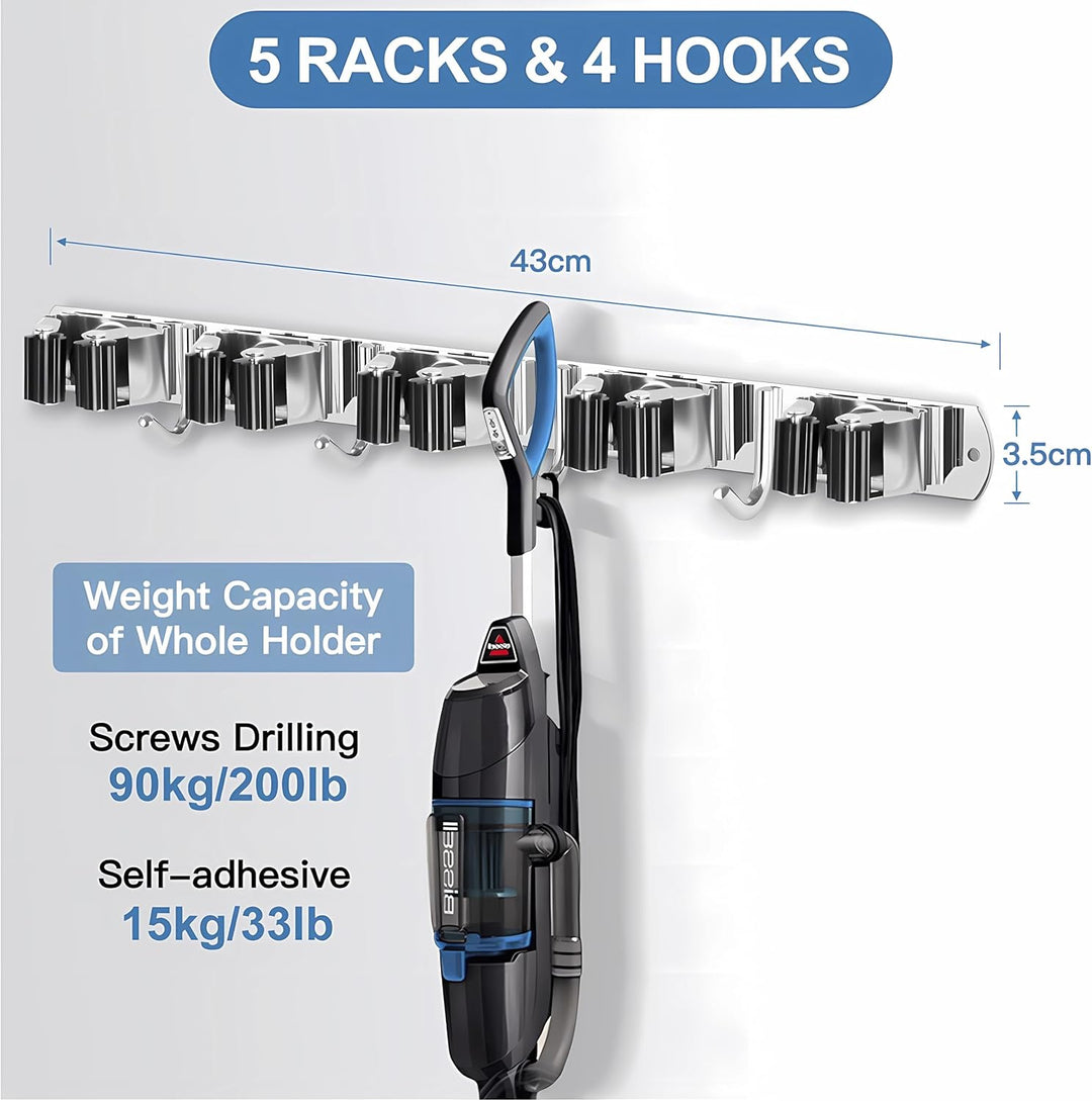 AMSAMOTION Besenhalterung Wand, 5 Halter + 4 Haken Schwarz Schwerlast Gerätehalter Selbstklebend, Be