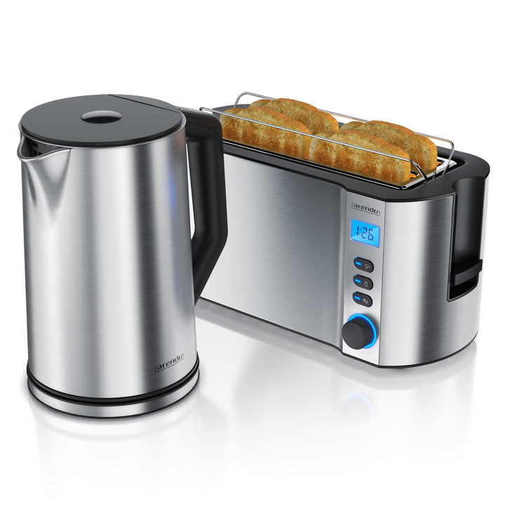 Arendo - Wasserkocher mit toaster SET Edelstahl Silber, Wasserkocher 1,5L, 40° - 100°C Warmhaltefunk