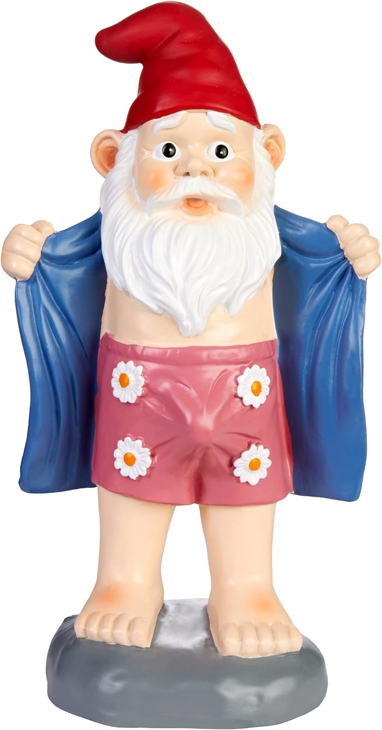 BRUBAKER Gartenzwerg mit Ständer - Perverser Zwerg mit Bademantel und Blümchen Unterhose - Gartenfig