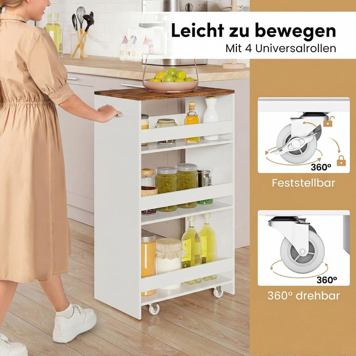COSTWAY Nischenwagen 30cm breit, 4 Etagen Küchenwagen schmal, Nischenregal auf Rollen, Servierwagen