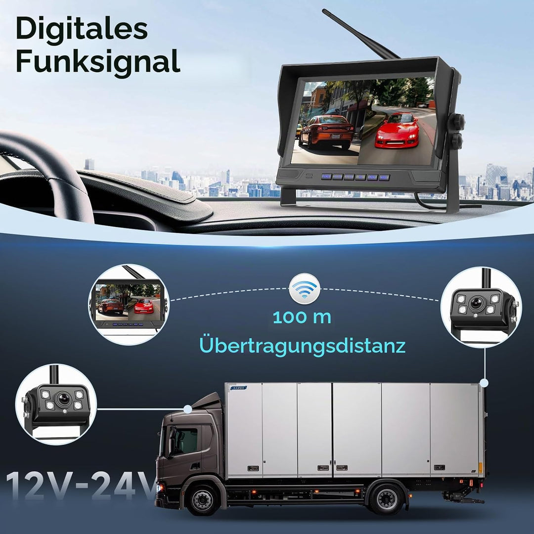 Hodozzy 9 Zoll IPS Monitor Digitales Kabellos Rückfahrkamera Set, mit Toter-Winkel-Warnung, Wasserdi