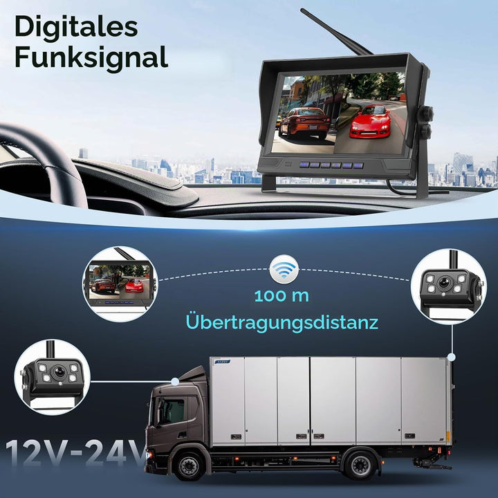 Hodozzy 9 Zoll IPS Monitor Digitales Kabellos Rückfahrkamera Set, mit Toter-Winkel-Warnung, Wasserdi