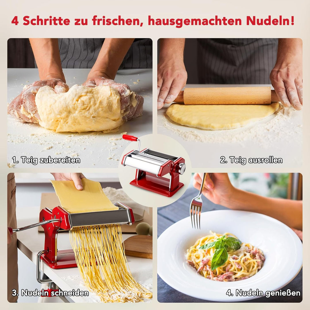 Pastamaschine aus Edelstahl, manuelle Nudelmaschine mit 9 Teigstärken & 2 Schnittbreiten für Spaghet