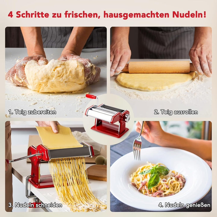Pastamaschine aus Edelstahl, manuelle Nudelmaschine mit 9 Teigstärken & 2 Schnittbreiten für Spaghet