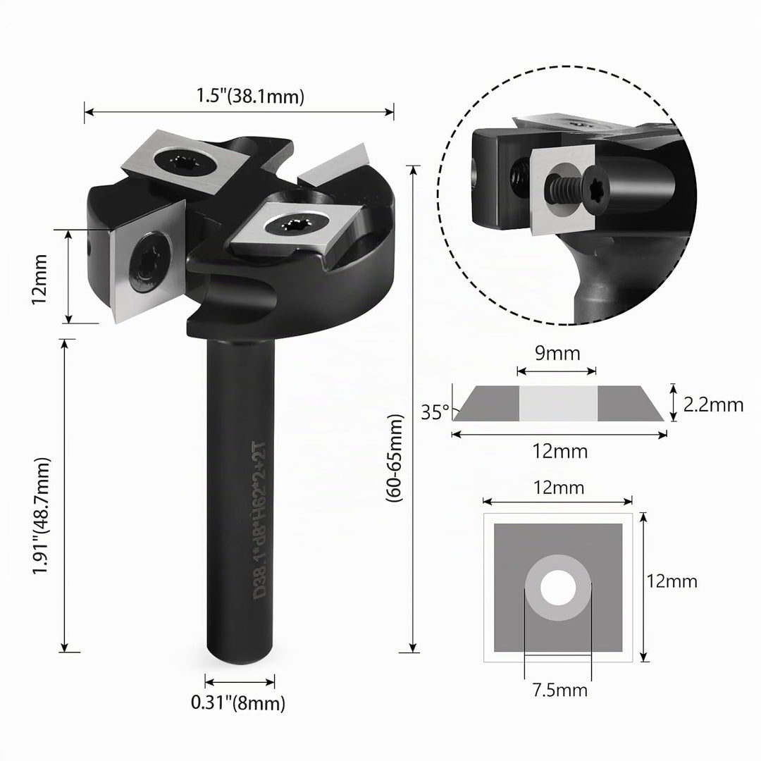Trvoxviq Planfräser 8mm Schaft 2+2 Flöten, 38.1mm Durchmesser Hobelfräser für Oberfräse mit Wendepla