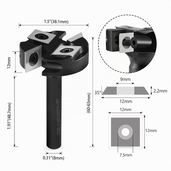 Trvoxviq Planfräser 8mm Schaft 2+2 Flöten, 38.1mm Durchmesser Hobelfräser für Oberfräse mit Wendepla