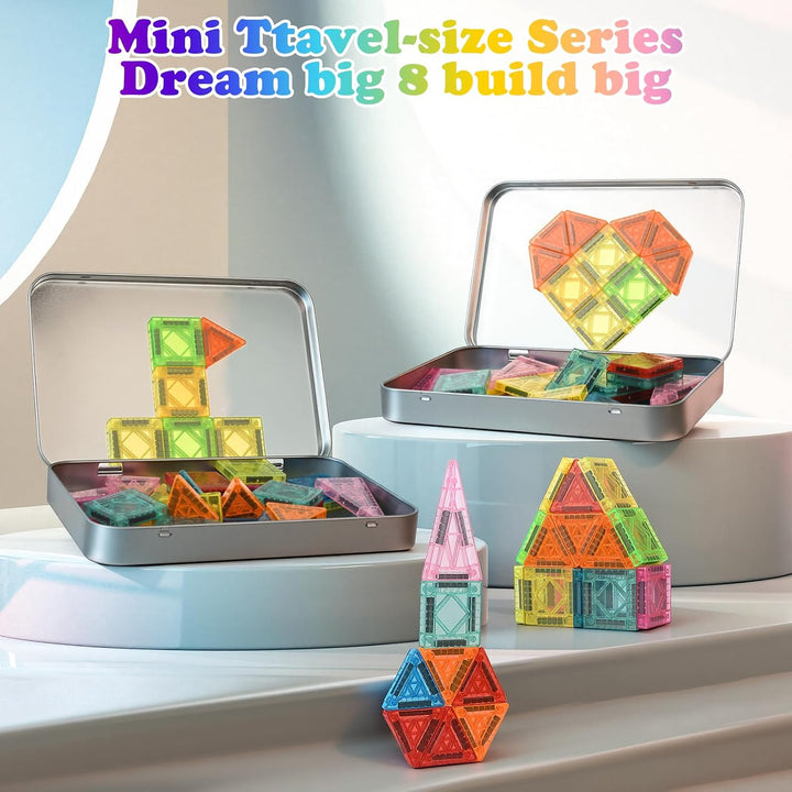Euakee Magnetische Fliesen, Magnetische Bausteine Reisespielzeug mit Metallbox, MINI Magnet Fliesen