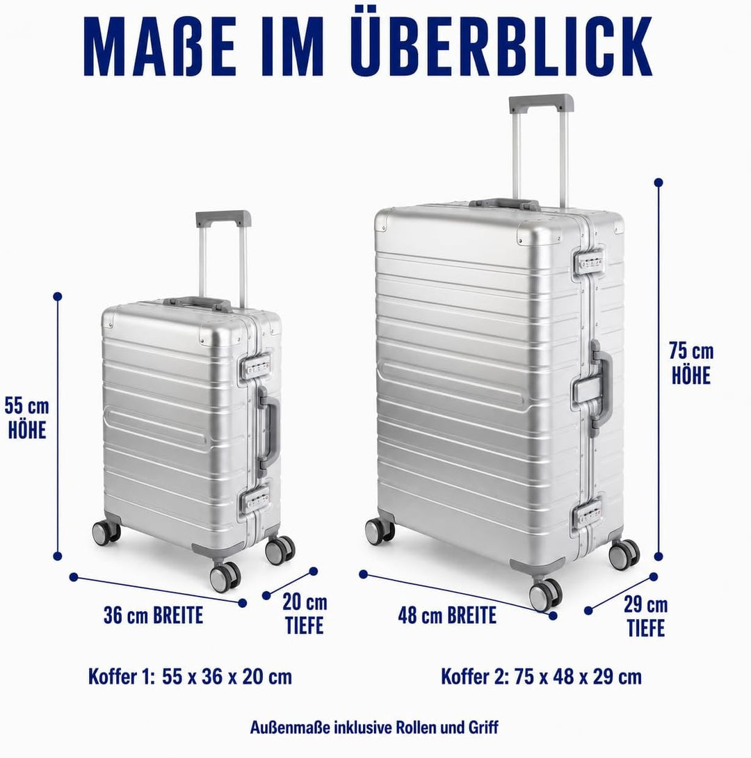 Travelhouse Oslo Alu Reisekoffer Silber S-55cm &amp; L-75cm Hartschalenkoffer Reise Trolley Koffer Set S