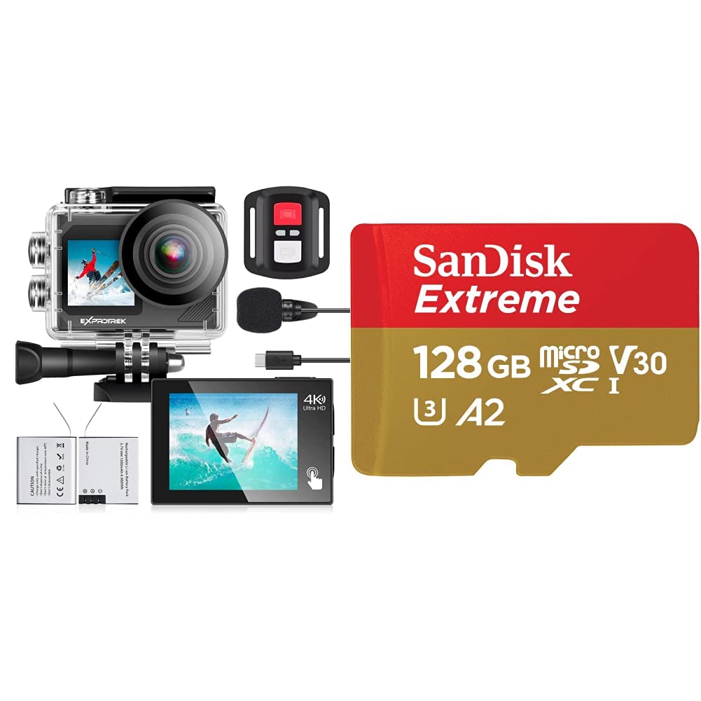 Action Cam,4K 30fps Ultra HD & SanDisk Extreme microSDXC UHS-I Speicherkarte 128 GB + Adapter (Für S