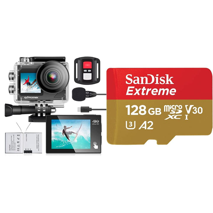 Action Cam,4K 30fps Ultra HD & SanDisk Extreme microSDXC UHS-I Speicherkarte 128 GB + Adapter (Für S