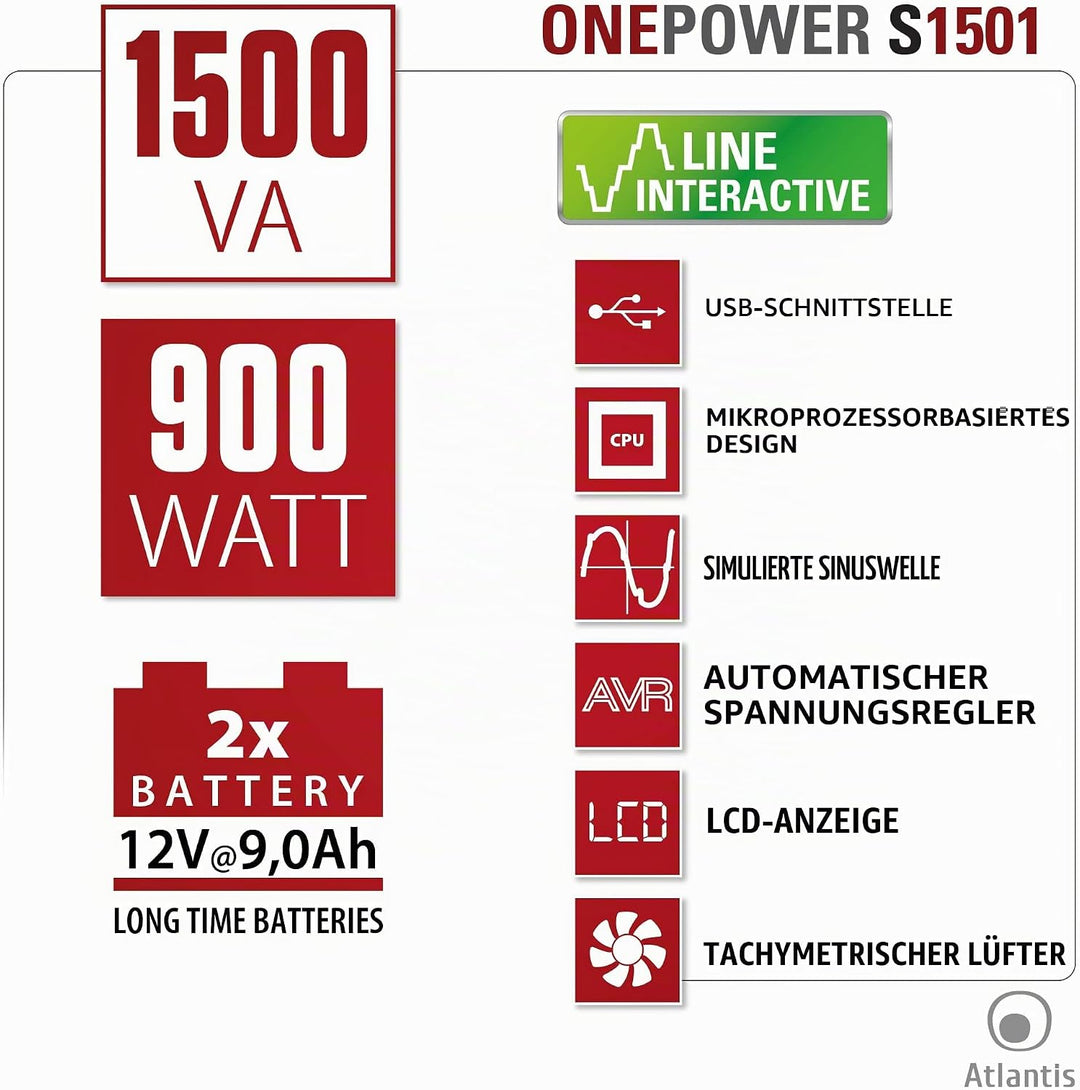 Atlantis-S1501 stepwave Line Interactive USV, 1500 VA, 900 W, Technology, v-Out 200 – 243 Vac, USB,