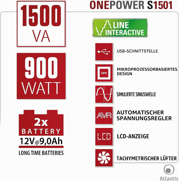 Atlantis-S1501 stepwave Line Interactive USV, 1500 VA, 900 W, Technology, v-Out 200 – 243 Vac, USB,