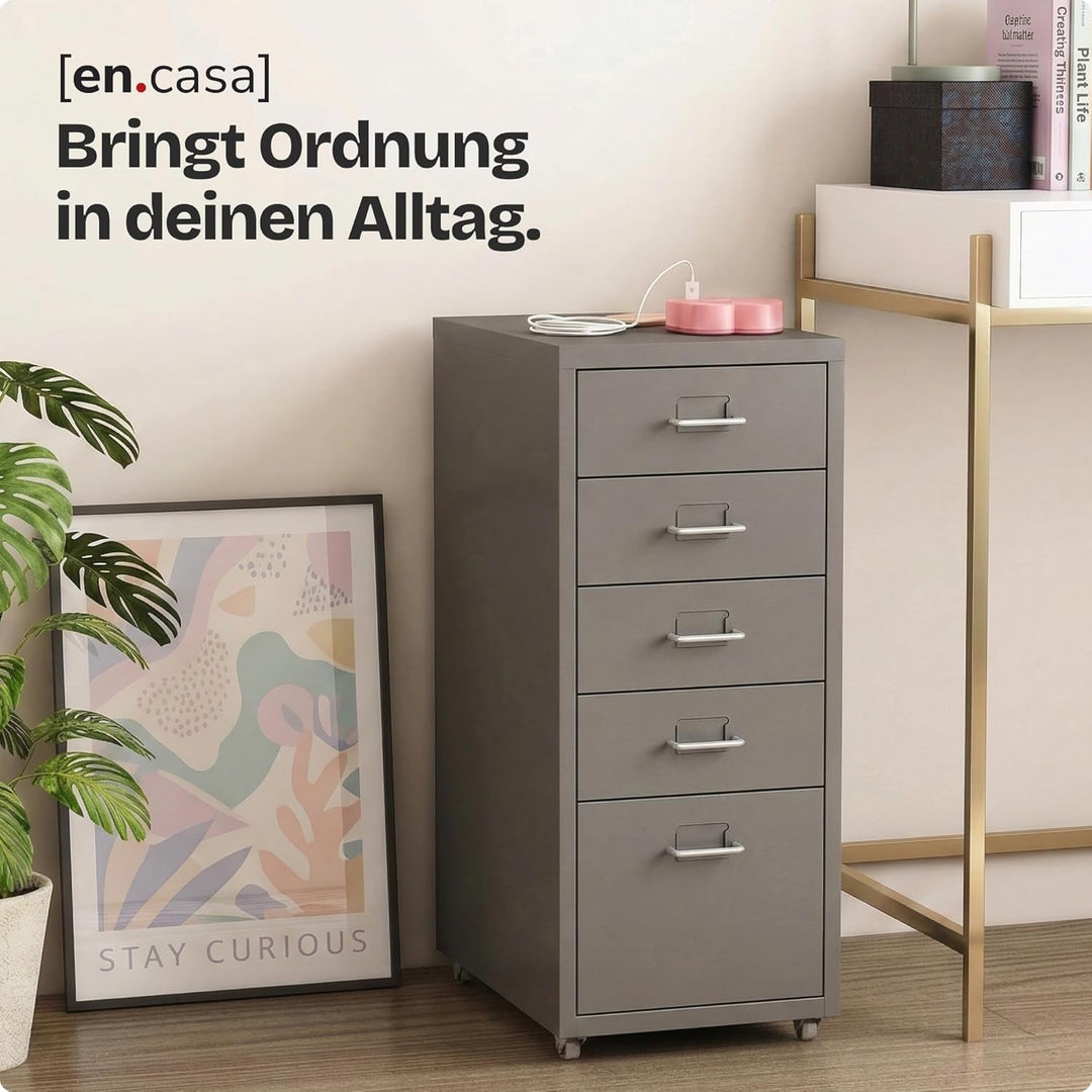 [en.casa] Rollcontainer Kökar Schubladenschrank Metall Aktenschrank mit 5 Schubladen Bürowagen mit R