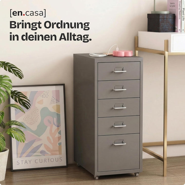 [en.casa] Rollcontainer Kökar Schubladenschrank Metall Aktenschrank mit 5 Schubladen Bürowagen mit R