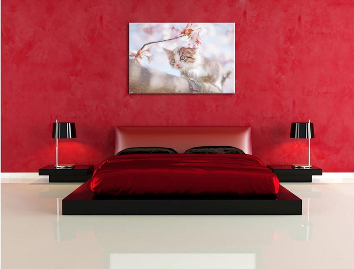 Pixxprint Süsses Kätzchen im Kirschbaum Kunst Buntstift Effekt, Format: 100x70 auf Leinwand, XXL rie