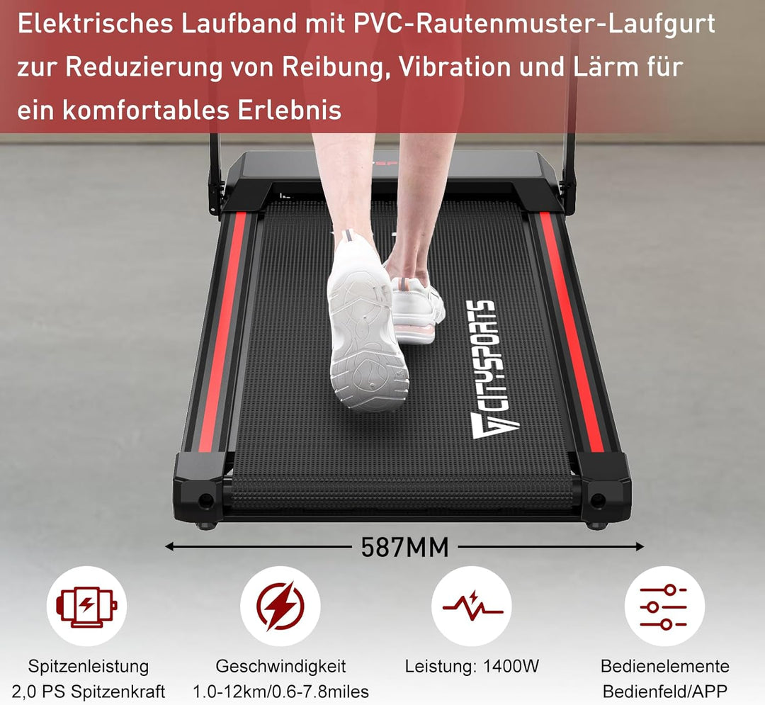 CITYSPORTS Elektrisches Laufband,Klappbares Laufband für Zuhause bis 12 km/h,mit LED-Anzeige,APP und