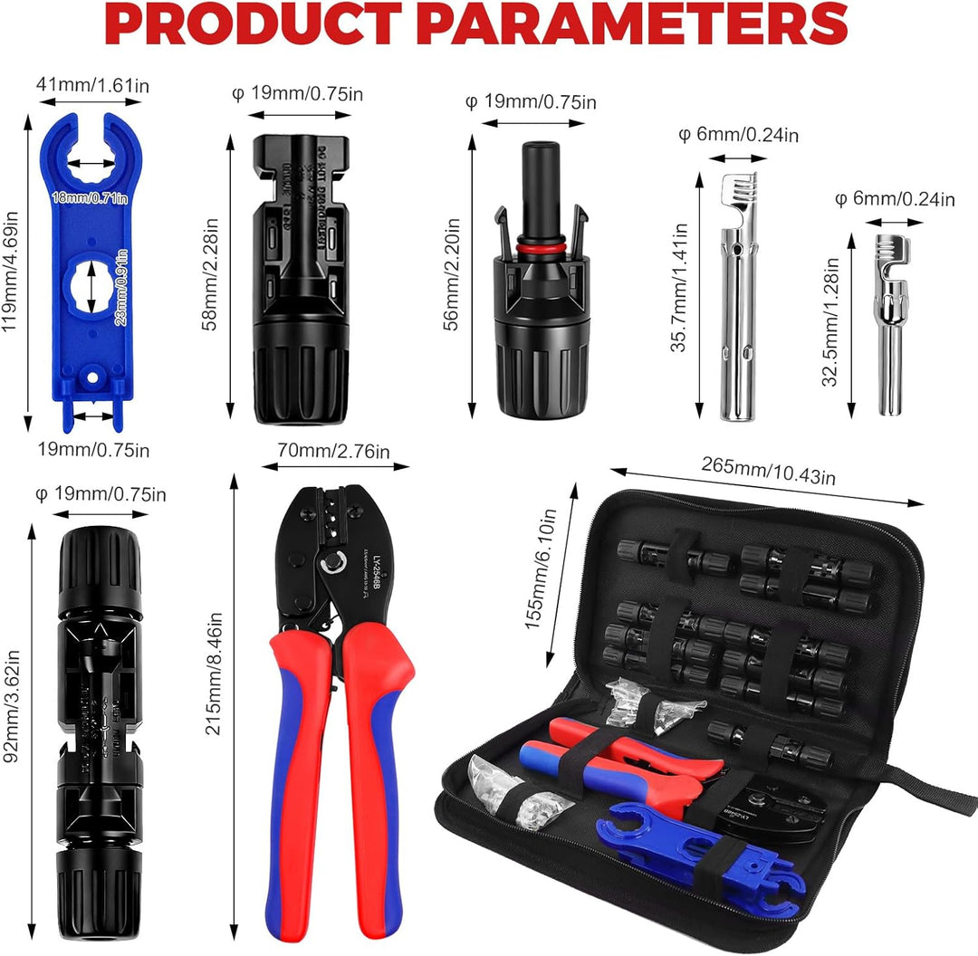 Solar Crimpzange Set, 10 Paar PV Stecker für Solarkabel (2.5/4/6 mm²) mit 2 Montageschlüssel für die