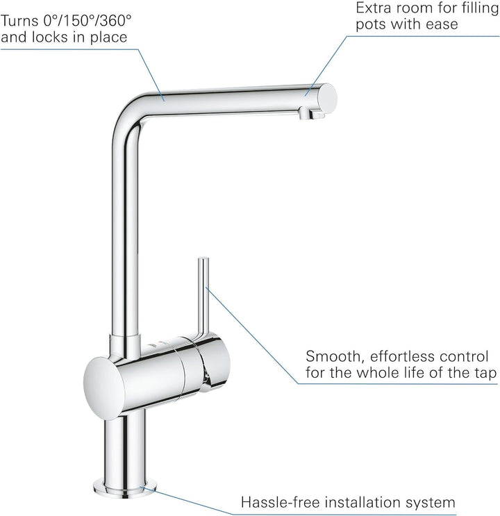 GROHE Minta - Einhand-Spültischarmatur (L-Auslauf, Einlaufmontage, schwenkbarer Rohrauslauf, flexibl