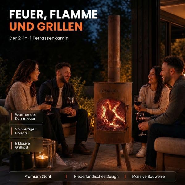 BonFeu Bongiano SP Rost - Terrassenofen - Feuerstelle mit Funkenschutz für entspannte Abende - Feuer