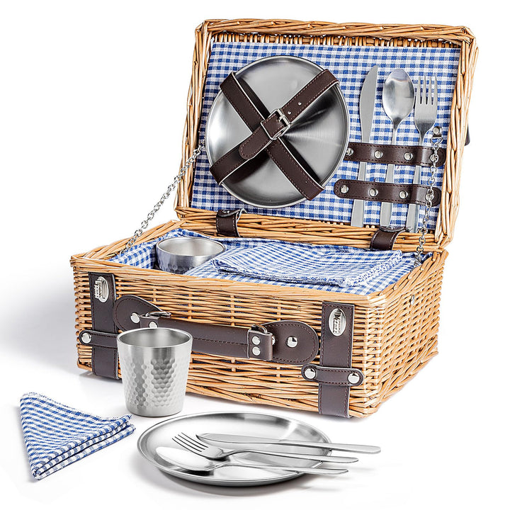 Weiden-Picknickkorb für 2 Personen, Weidenkorb mit Wasserfester Picknickdecke und Besteckset, Pickni