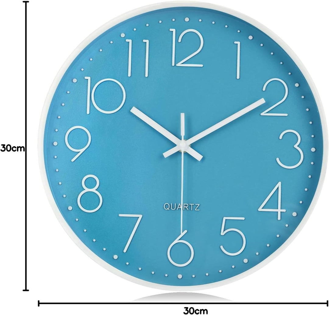 Lafocuse Blau Modern Wanduhr Lautlos 30cm, 3D Ziffern Ohne Tickgeräusche, Quartz Wanduhr Analog Leic