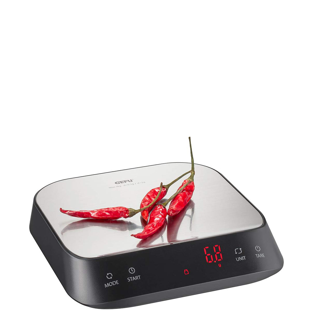 GEFU Fein- & Küchenwaage PREZISO | Digitalwaage 1g–3kg mit 0,1g Teilung, Barista-Funktion, LED-Displ